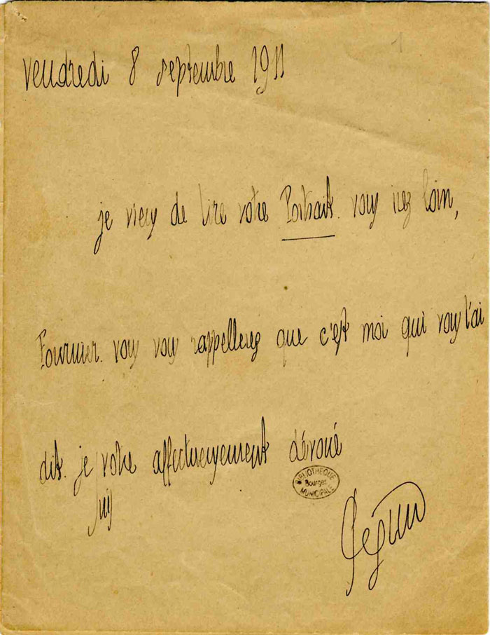 Lettre de Charles Péguy à Alain-Fournier à propos de Portrait